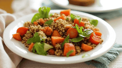 Warm Roasted Sweet Potato Quinoa Salad with MapleTahini Dressing