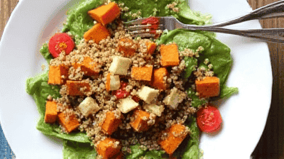 Warm Roasted Sweet Potato Quinoa Salad with MapleTahini Dressing
