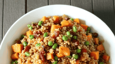 Warm Roasted Sweet Potato Quinoa Salad with MapleTahini Dressing