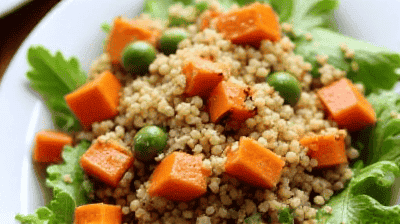 Warm Roasted Sweet Potato Quinoa Salad with MapleTahini Dressing